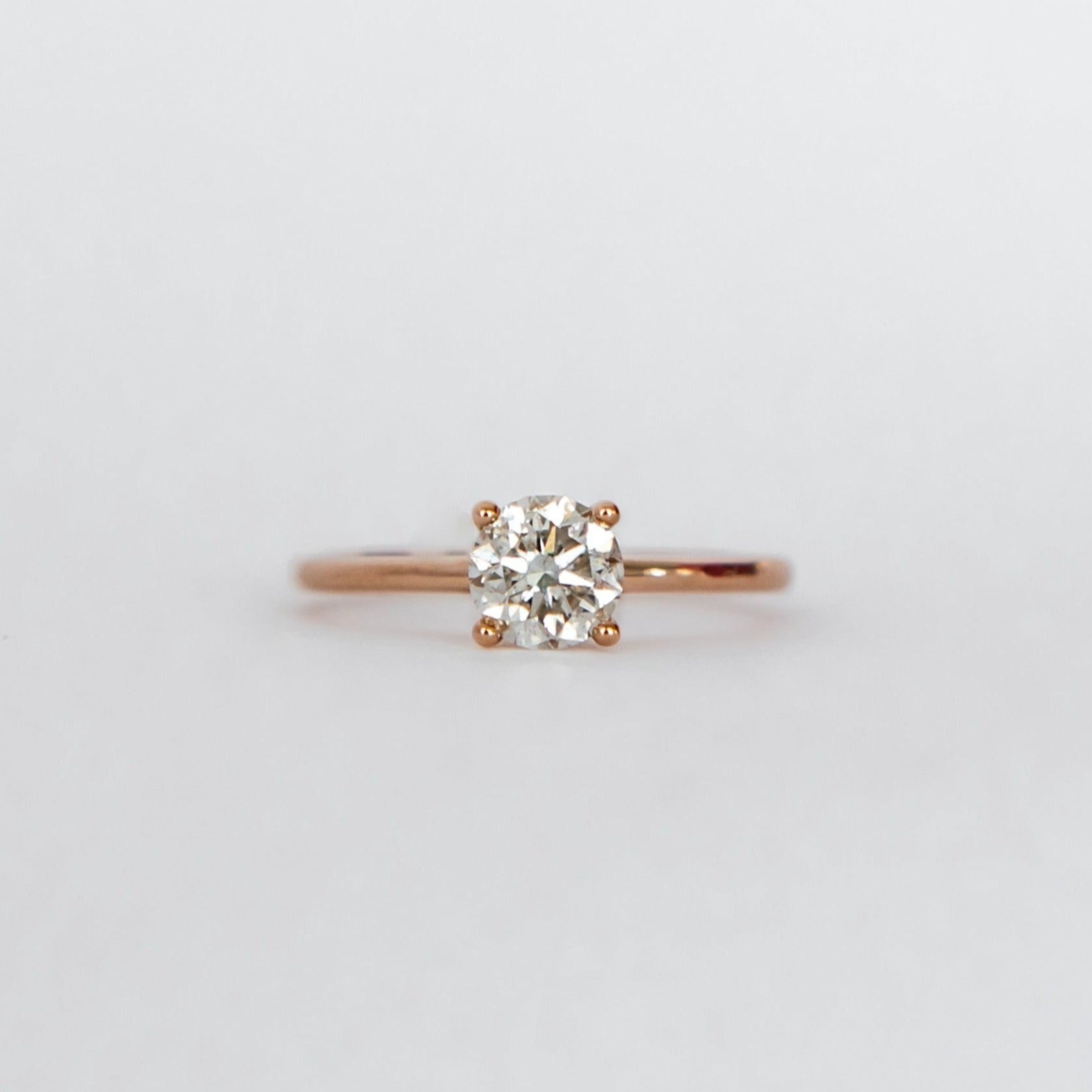18ct rose gold solitaire ring with round brilliant cut centre stone.