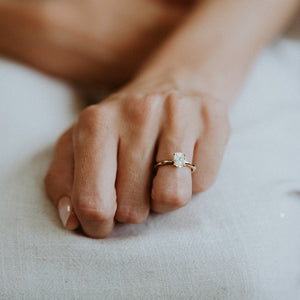 18ct yellow gold solitaire engagement ring with 0.89ct oval cut diamond. The heavily rounded skinny band, measuring 1.5mm. on ladies finger