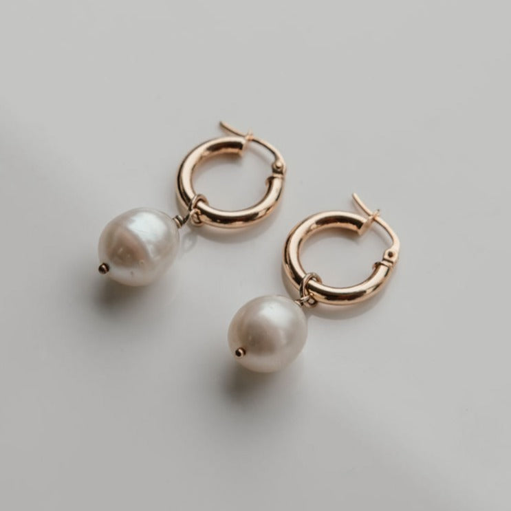 Gold Huggie Earrings with Pearl Drops