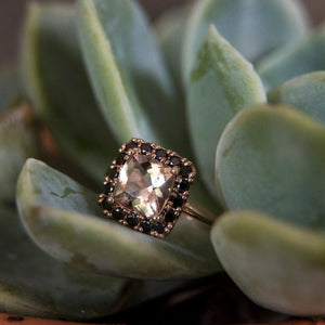 18ct rose gold ring with morganite as the centre stone and a halo of black diamonds surrounding it photographed on a leaf.