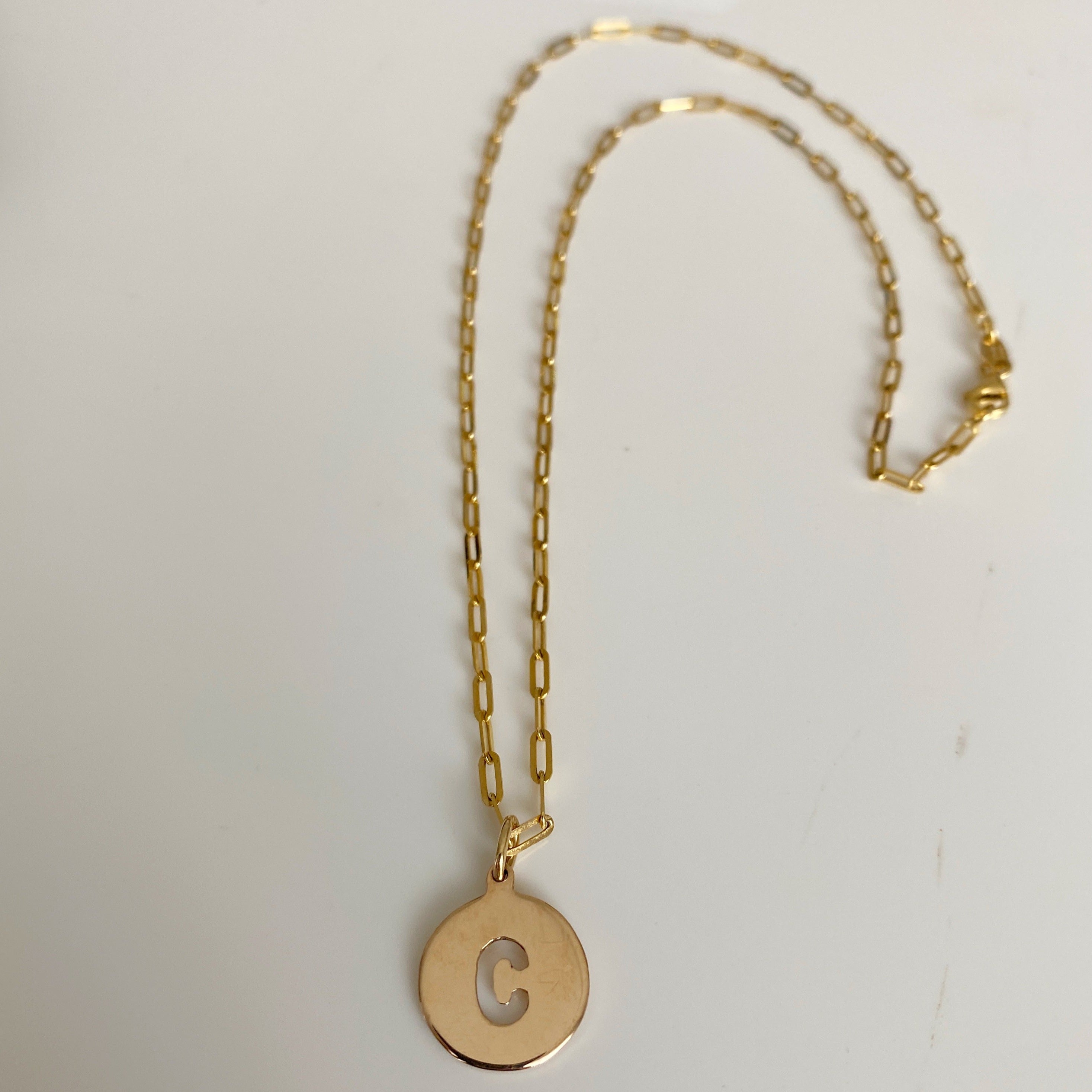 Fine Solid Gold Paperclip Link Necklace with Cutout Disc