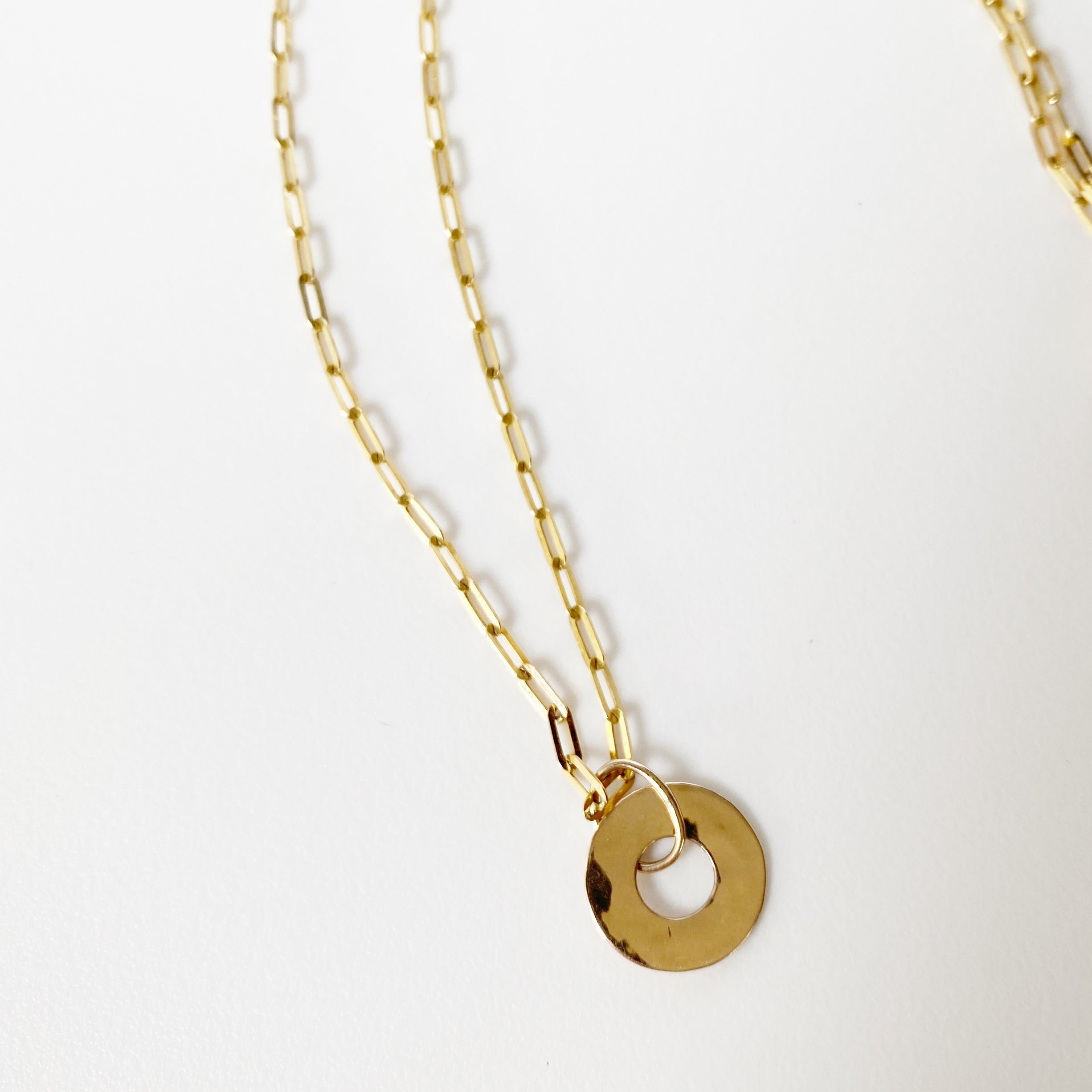 Fine Solid Gold Paperclip Link Necklace with Circular Disc