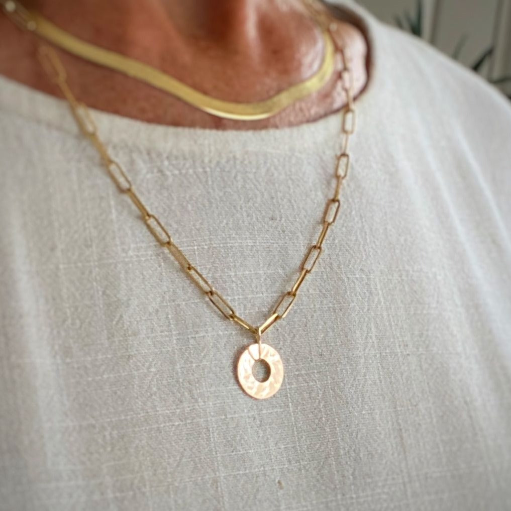 Medium Solid Gold Paperclip Necklace with Circular Disc