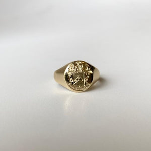 gents cushion cut signet ring with personalised engraved crest and blasted technique